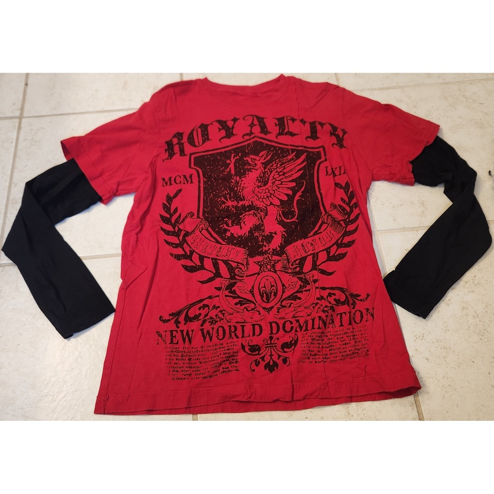 No Boundaries Mens Red Black Graphic Layered Long Sleeve Shirt Royalty Griffin M